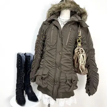 y2k 00s 당시물 개더 굵은 리브 퍼 포함 모즈 코트