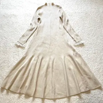 CELFORD 니트 원피스 긴팔 플레어 롱 레이스 아이보리