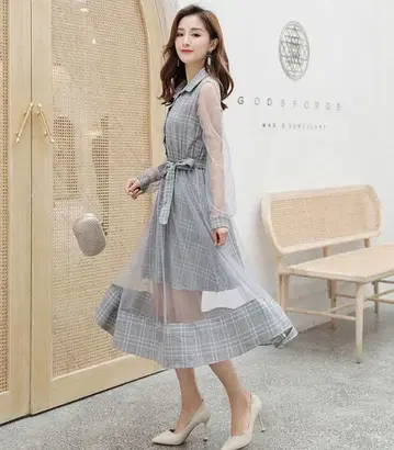 글렌체크 원피스 시스루 긴팔 그레이 봄/가을용 L