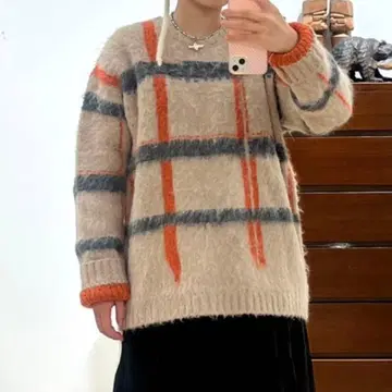 pamm 투명한 공기 체크 니트 오렌지