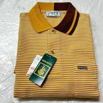 남성용 피케 셔츠 L 사이즈 골프 셔츠 보더 무늬 황토색 브라운 태국제