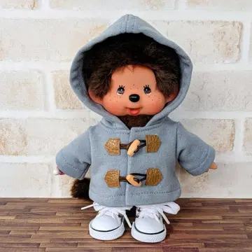 S 몬치치용 더플 코트 머플러 세트 [ 블루 그레이 화이트 우드 버튼 ]