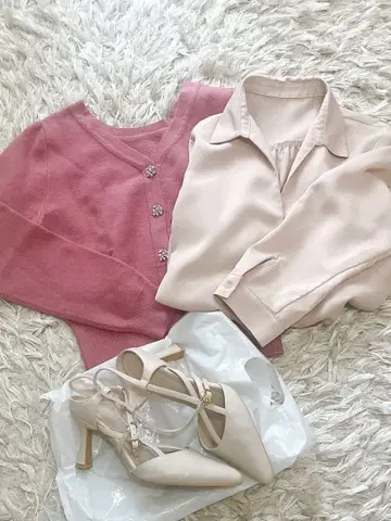 핑크 가디건 베이지 블라우스 펌프스 세트 묶음 판매