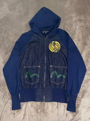 EVISU 에비수 카모메 페인트 데님 절개 지퍼 후드티