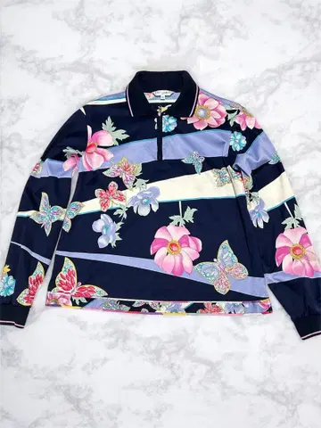 레오나르 스포츠 꽃무늬&나비 프린트 긴팔 피케 셔츠 네이비 42