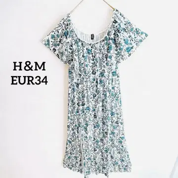 H&M EUR34 꽃무늬 파랑 오프숄더 롱 원피스 리조트