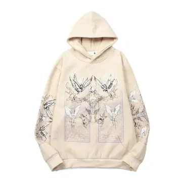 베이지 새 그래픽 후드티 M