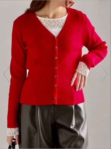 웨이브 메탈 단추 V넥 리브 가디건