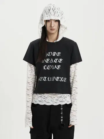 SETUPEXE 한국 레이스 후드 티셔츠 레이어드 롱티