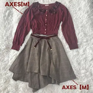 버건디 긴팔 가디건 체크 무늬 스커트 세트