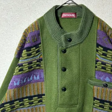 구제 의류 에스닉풍 절개 하프 버튼 플리스 풀오버 레트로