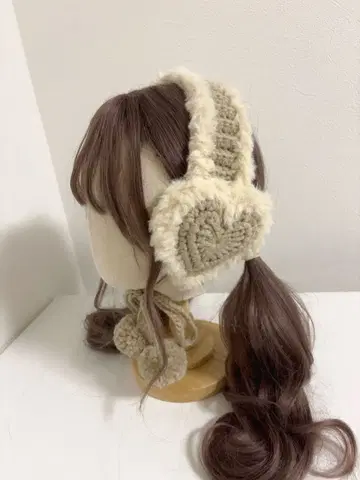 하트 귀도리 이어머프 핸드메이드 코바늘 천연색 베이지