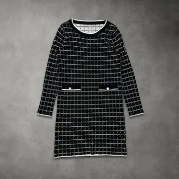 Vintage 모노톤 체크 원피스 펄 버튼 블랙 FREE