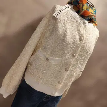 LOUNIE 라메 믹스 가디건 노카라 자켓 트위드