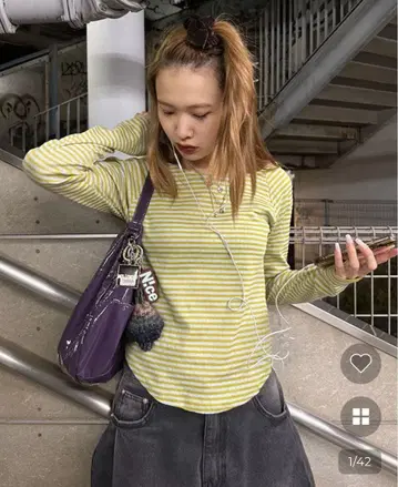 nugu 보더 보트넥 긴팔 T셔츠