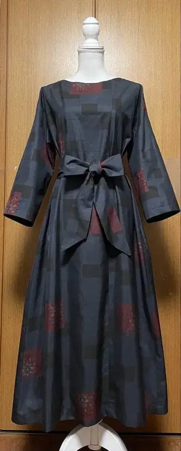 기모노 리메이크 오시마 A라인 원피스 리본(동일 원단 끈 벨트) 포함