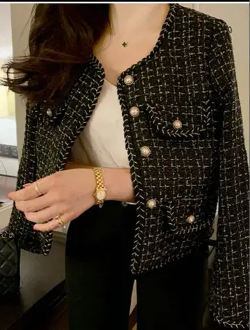 GRL 그레일 라메 트위드 펄 버튼 노카라 자켓 ks166