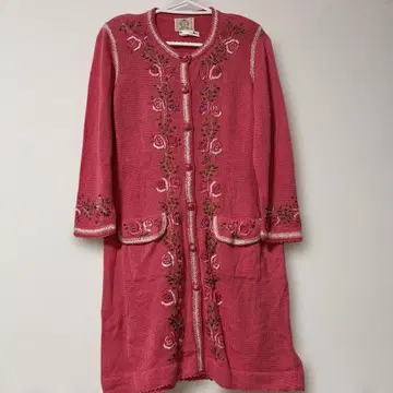 로얄 알파카 롱 가디건 꽃무늬 자수 핑크 니트 가디건