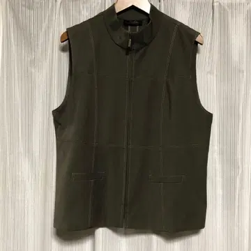 카키색 Leilian 하이넥 앞 지퍼 베스트 13 포켓 2개 레리안