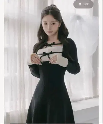 Darich 리본 퍼 플레어 니트 미니 원피스