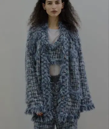 [ ameri ] TWEED FRINGE KNIT CARDIGAN