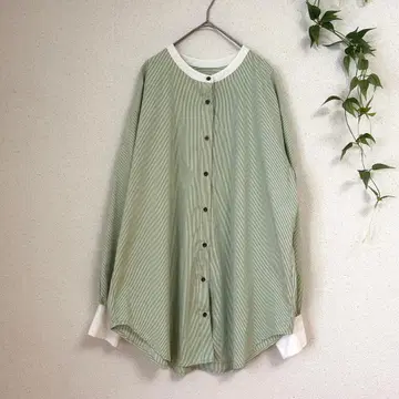 고품질 KUTIR [프리] 오버 사이즈 그린 스트라이프 셔츠