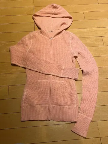 쓰리 핑크 후드 부착 와플 편직 캐시미어 니트 후드티