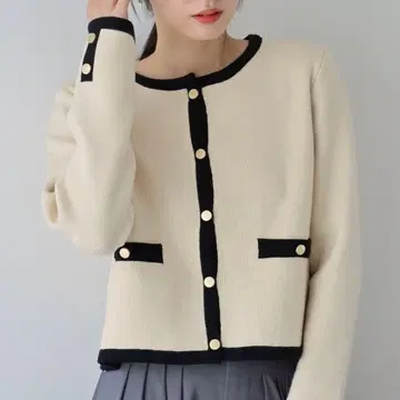 골드 버튼 노카라 니트 자켓