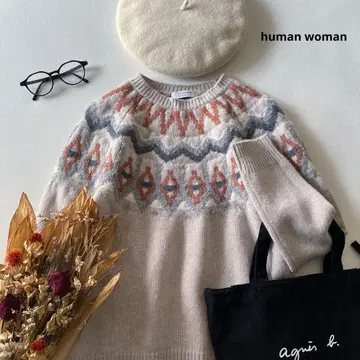 b1586* 휴먼 우먼 노르딕 패턴 울 혼방 니트 풀오버