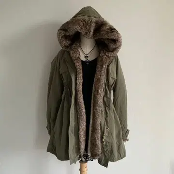 00's fairygrunge 모리걸 퍼 모즈 코트 카키 3way