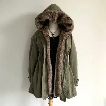 00's fairygrunge 모리걸 퍼 모즈 코트 카키 3way