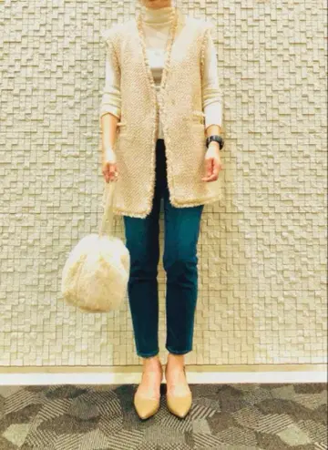 PLST 플라스테 트위드 미들 베스트 S 베이지 프린지 클리닝 완료