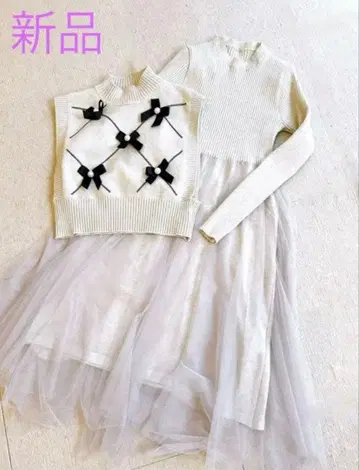 리본 장식 니트 원피스 샤샤 스커트 새상품