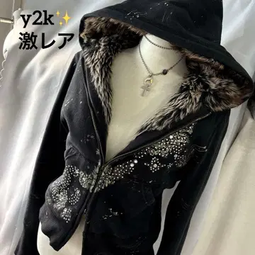 y2k 그런지 00s 더블 지퍼 스톤 퍼 후드티 헤이세이 갸루