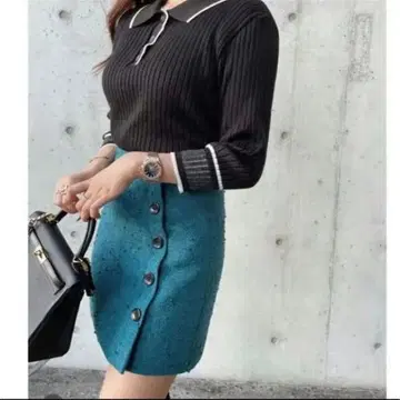 Sheller 셰리에 트위드 버튼 미니 스커트 터콰이즈