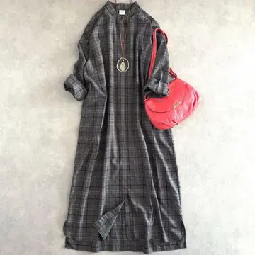 어반 리서치 도어스 체크 셔츠 원피스 스탠드 카라 그레이