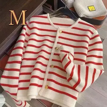 여성용 보더 니트 가디건 K-패션 M L 네이비 빨간색