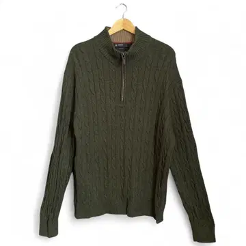 클레미유 니트 남성용 XL 케이블 짜임 하프 지퍼 카키 프렌치 프레피