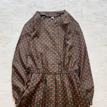 쇼와 레트로 도트 긴팔 원피스 그레이 x 빨간색 도트 플레어 디자인 9호