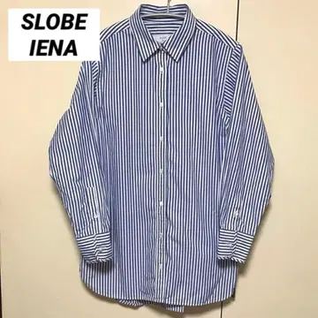 SLOBE IENA 스트라이프 셔츠 블라우스 펄 면 100% 블루
