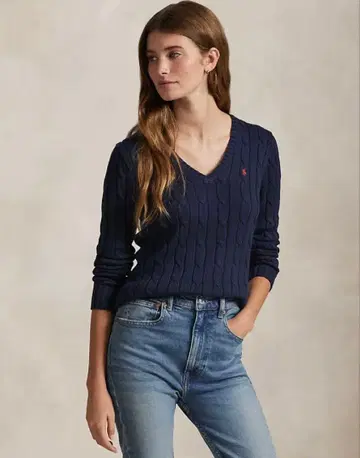 폴로 랄프로렌 케이블 니트 코튼 V넥 스웨터 헌터 네이비 S