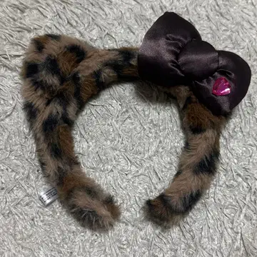 레오파드 무늬 퍼 리본 머리띠 키티