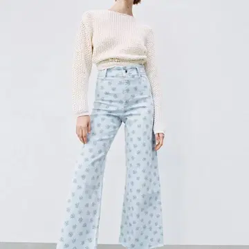 ZARA 스카이블루 꽃무늬 부츠컷 데님