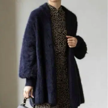 noble 퍼 니트 퍼프 가디건 네이비