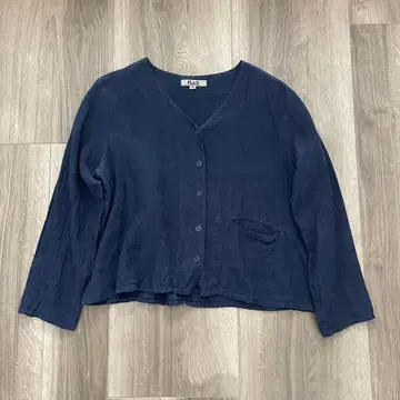 90s 리투아니아제 FLAX 린넨 셔츠 네이비 고양이 눈 버튼 숏 기장