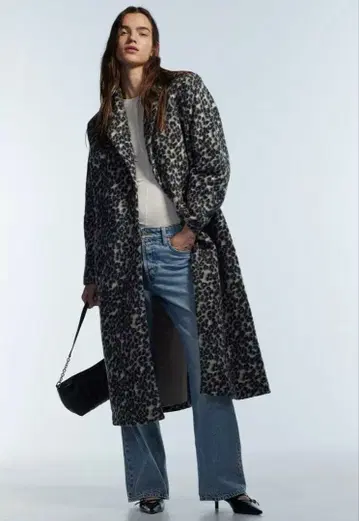 H&M 싱글 브레스 코트 롱 코트 레오파드 무늬