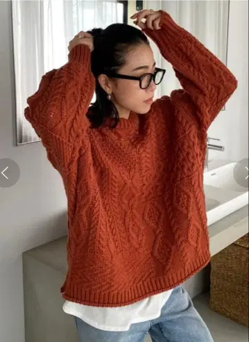오버 사이즈 패치워크 케이블 니트 오렌지