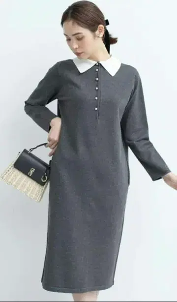 [쿠미쿄쿠] 2WAY 니트 원피스 화이트 카라 펄 그레이 M