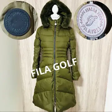 미사용급 FILA 골프 롱 다운 코트 카키 후드 탈부착 가능 A라인