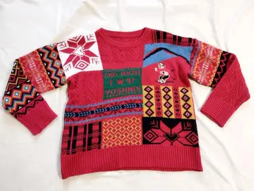 패치워크 니트 스웨터 곰 베어 스키 케이블 니트 빨간색